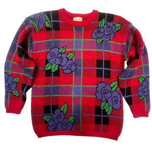 Vintage 1980s Potomac‎ Collection Crew Neck Floral Rose Plaid Sweater Size L